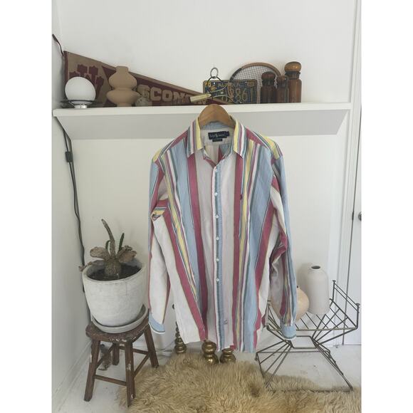 Vintage 90's Ralph Lauren Button Down Long Sleeve Shirt Pastel Stripes L - Picture 1 of 7